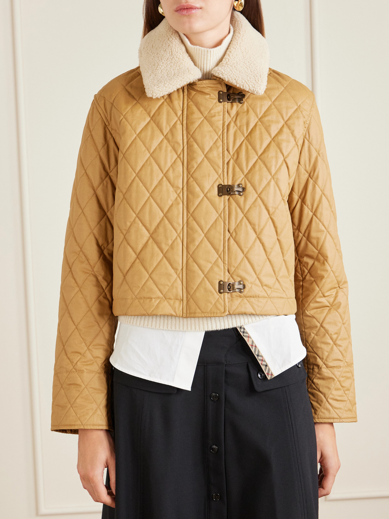 Cropped Shearling-Trimmed Coated-Cotton Jacket