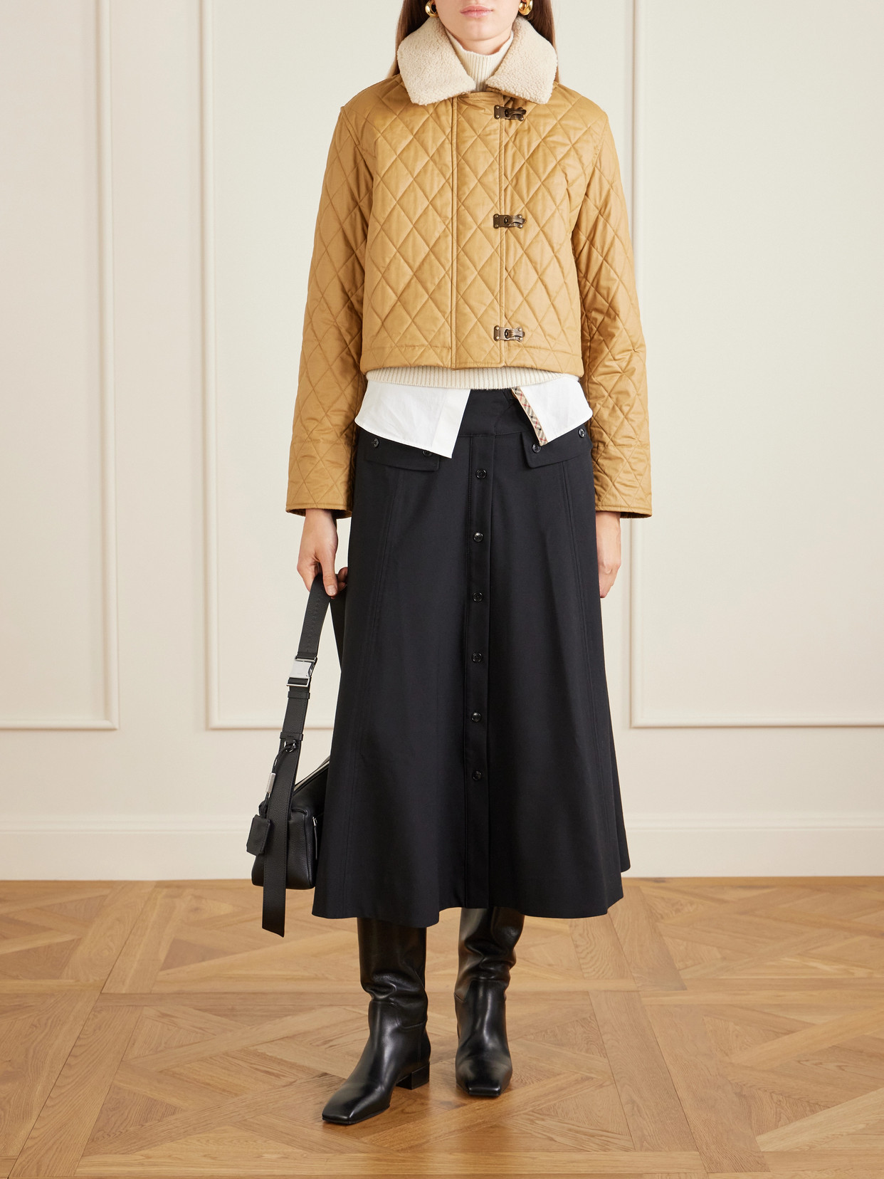 Cropped Shearling-Trimmed Coated-Cotton Jacket