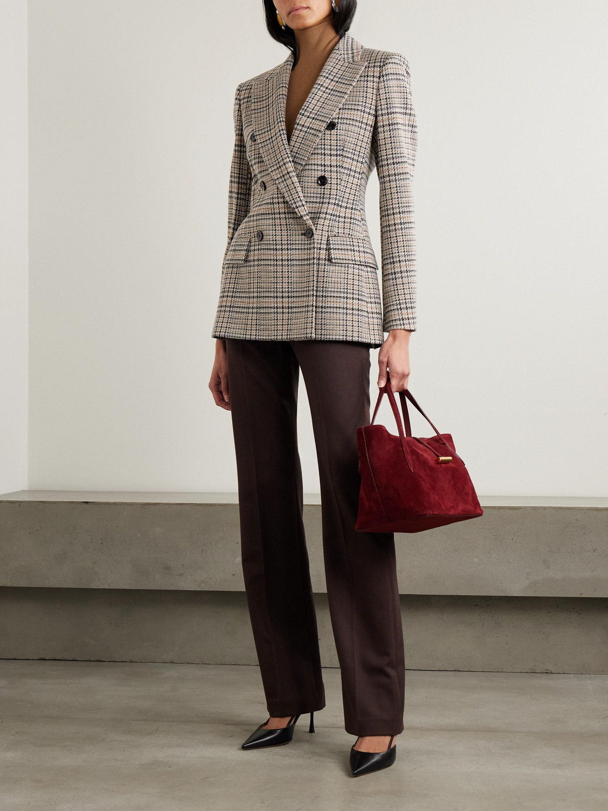 Max Mara Double-breasted Houndstooth Wool And Cotton-blend Blazer In Brown
