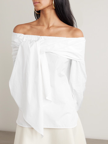 Max Mara Off-the-shoulder tie-detailed gathered cotton-poplin blouse