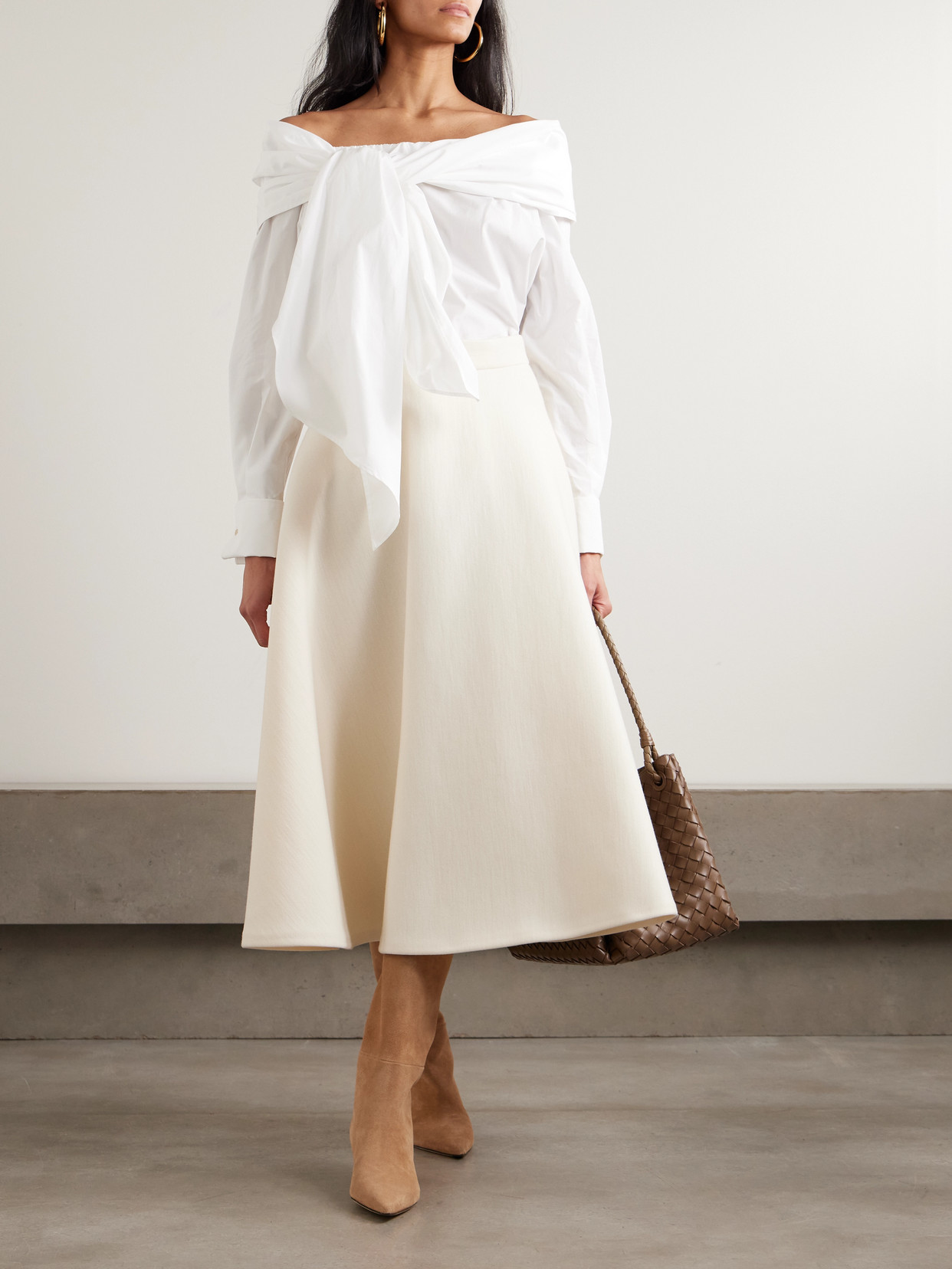 Max Mara Off-the-shoulder Tie-detailed Gathered Cotton-poplin Blouse In White