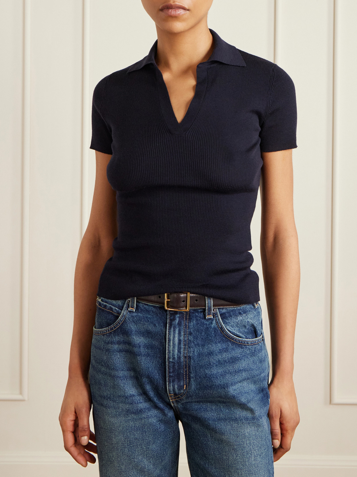 Max Mara Albero Dark Blue Virgin Wool Polo Shirt In Black