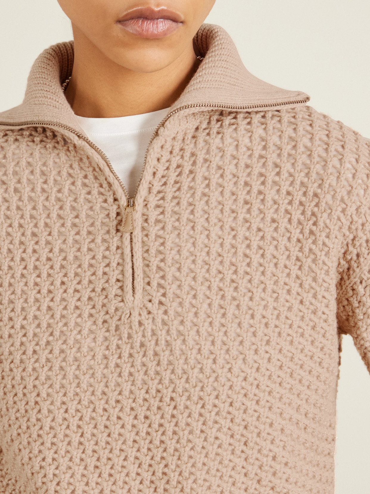 Open-Knit Metallic Wool-Blend Half-Zip Sweater