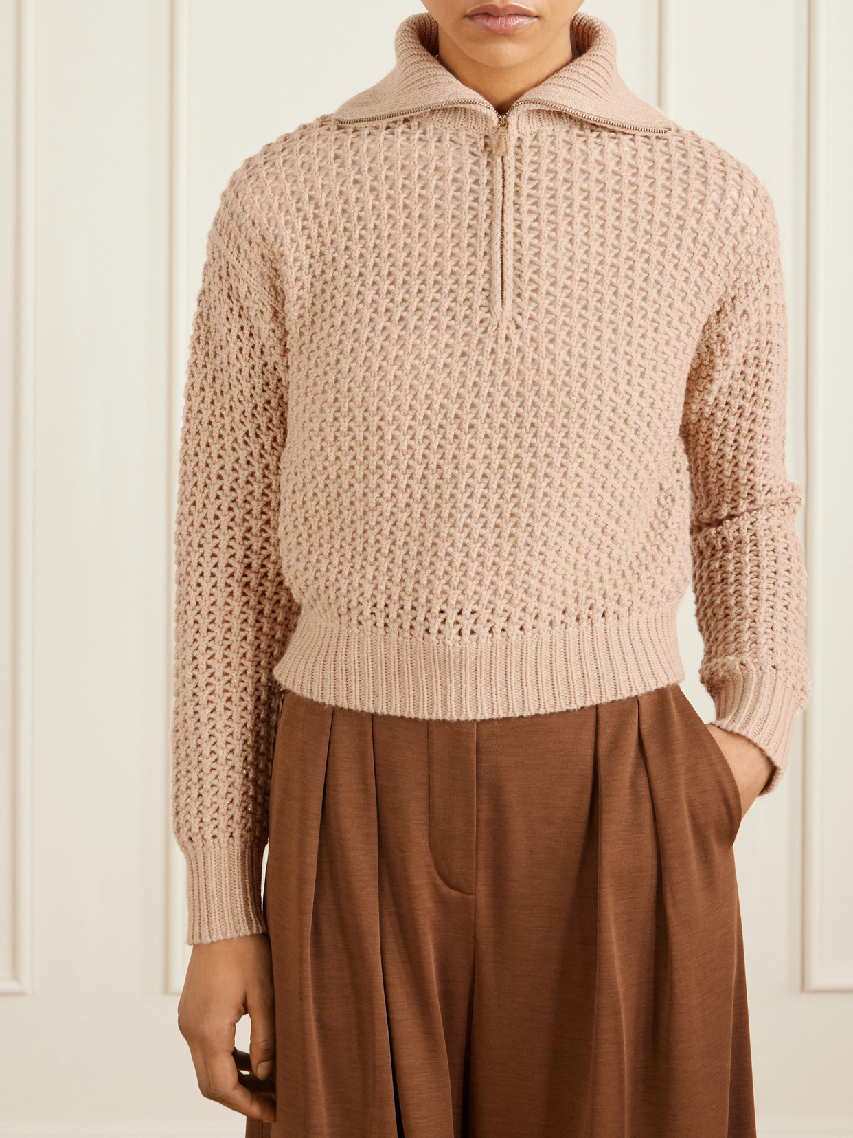 Open-Knit Metallic Wool-Blend Half-Zip Sweater