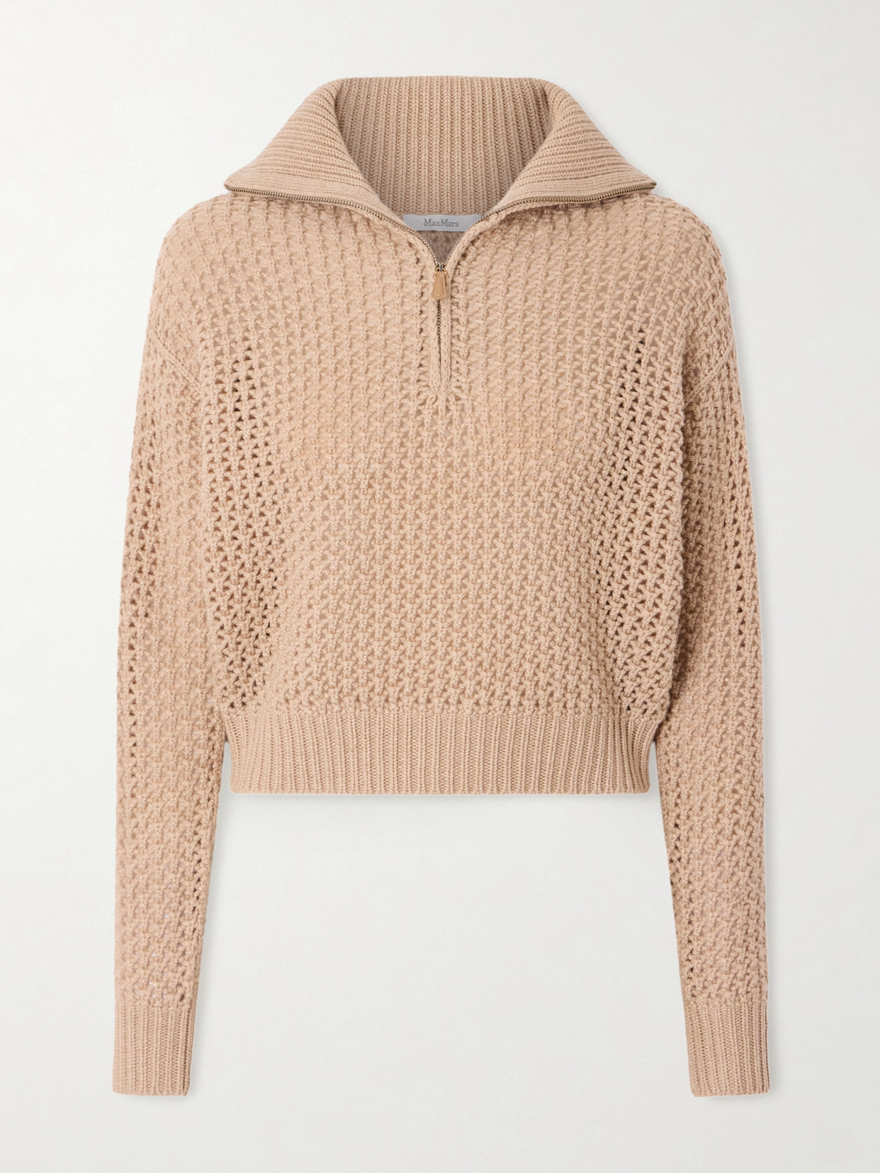 Max Mara Open-knit Metallic Wool-blend Half-zip Sweater In Neutral