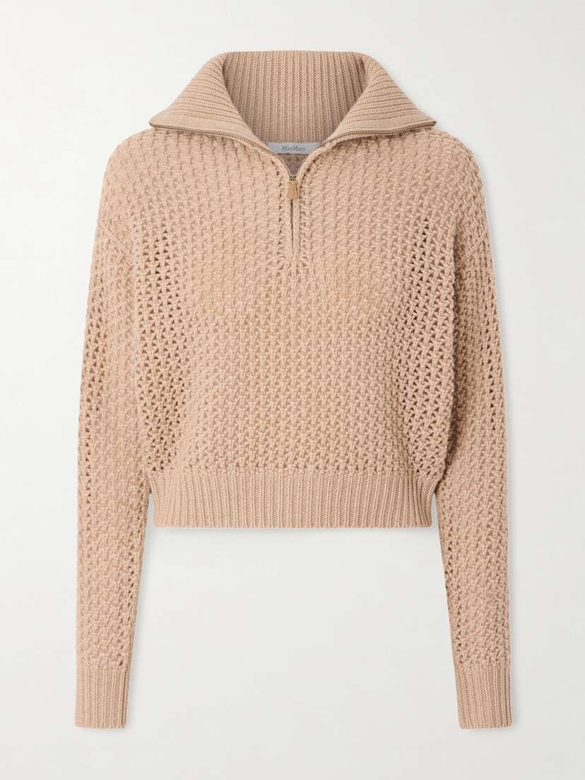 Max Mara Open-knit Metallic Wool-blend Half-zip Sweater