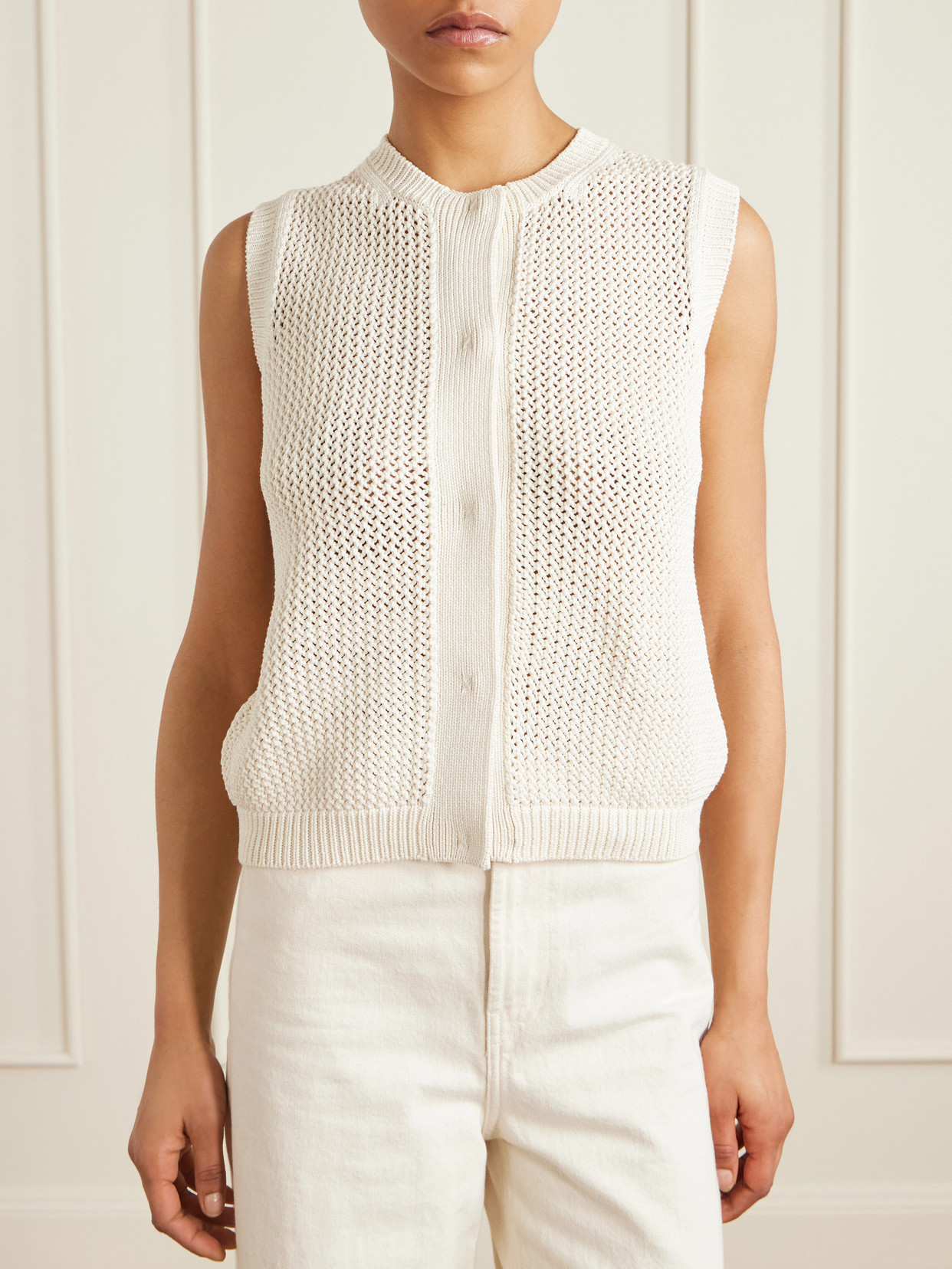 Max Mara Open-knit Silk-blend Top In White