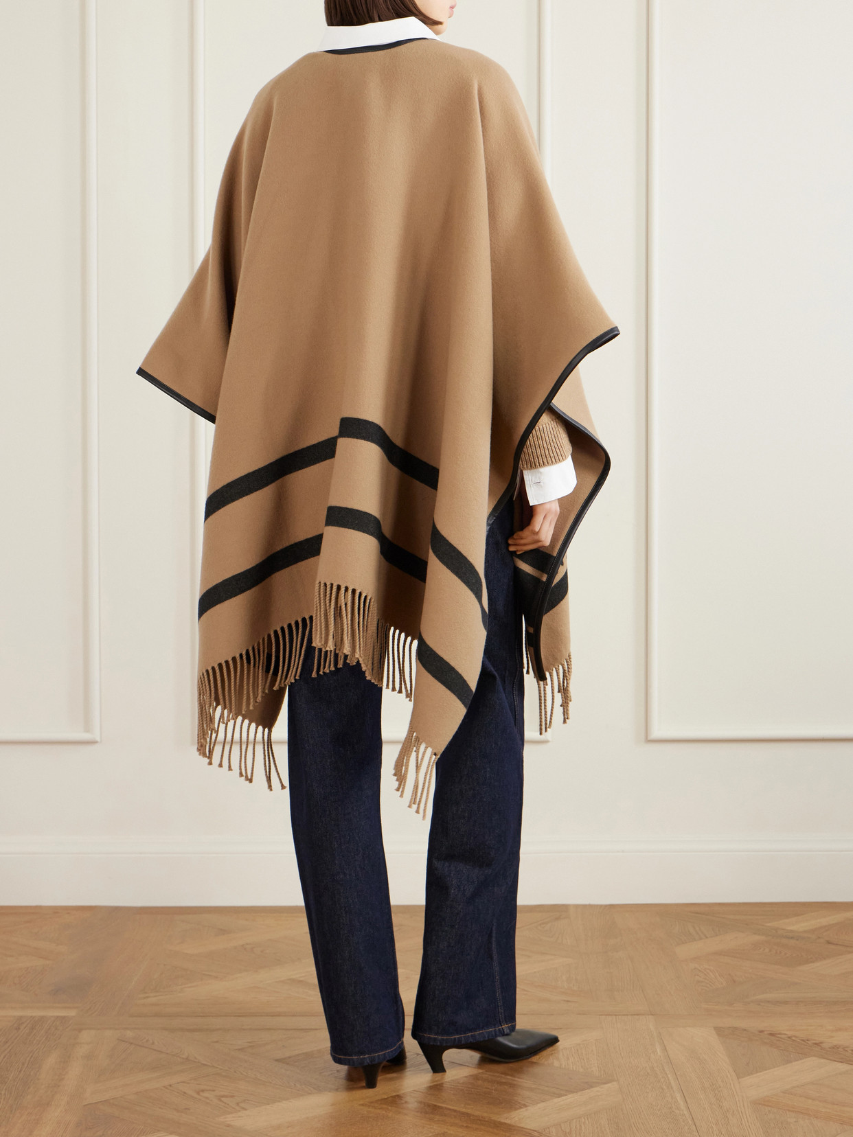 Max Mara Fringed Leather-trimmed Wool-jacquard Cape In Brown