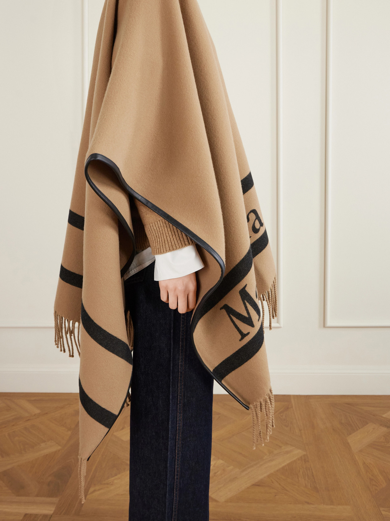 Max Mara Fringed Leather-trimmed Wool-jacquard Cape In Brown