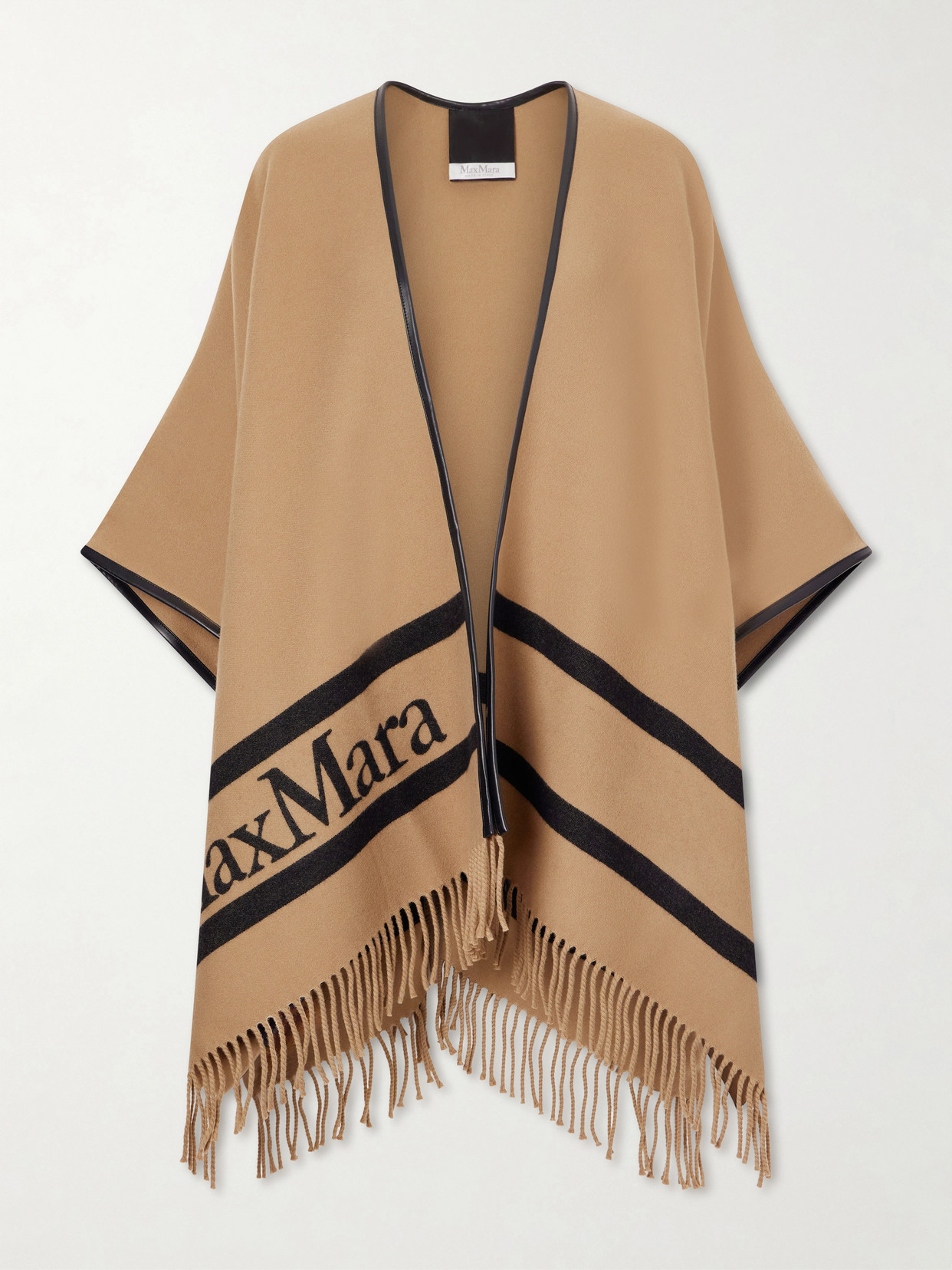 Max Mara Fringed Leather-trimmed Wool-jacquard Cape In Brown