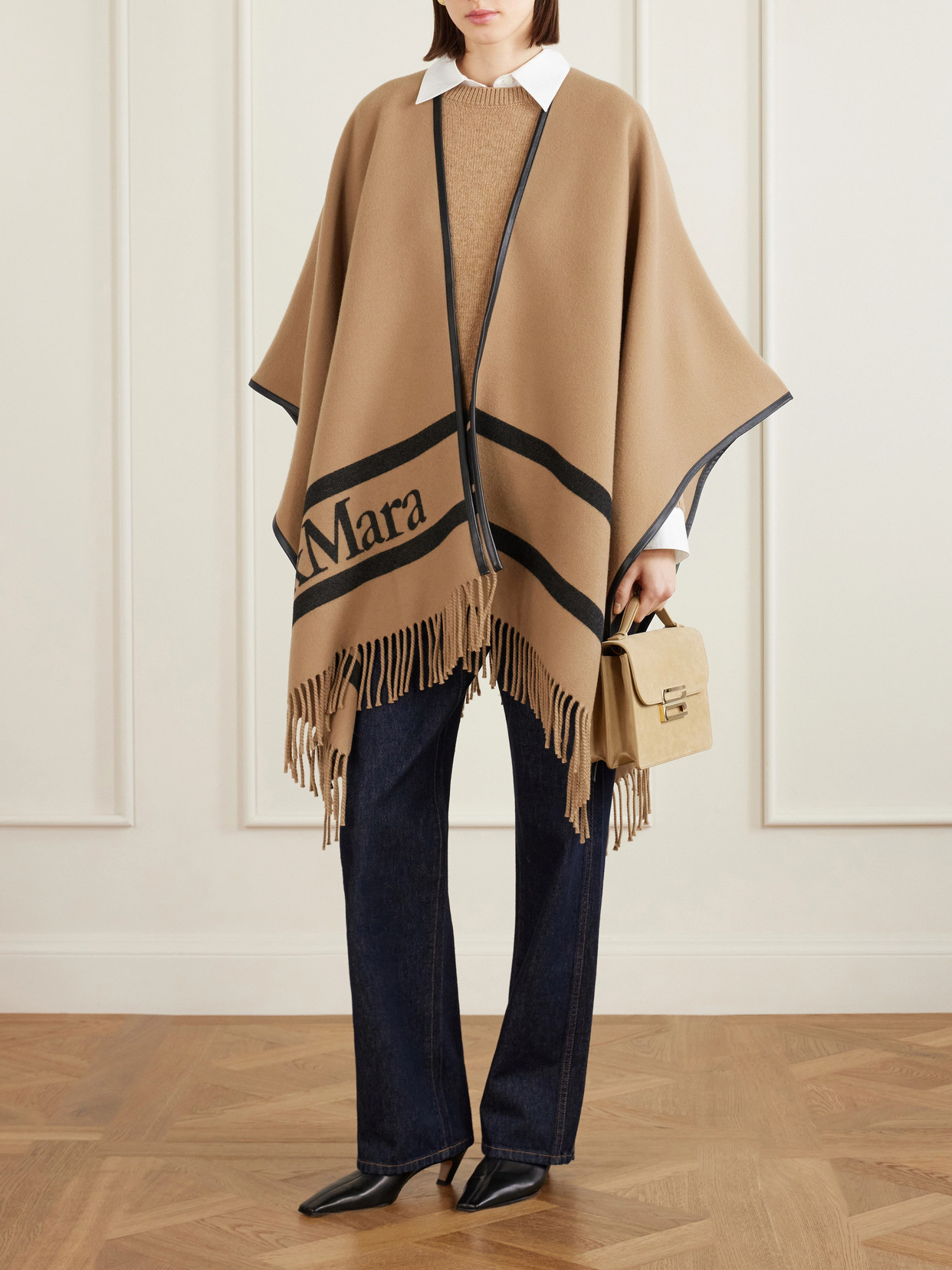 Max Mara Fringed Leather-trimmed Wool-jacquard Cape In Brown