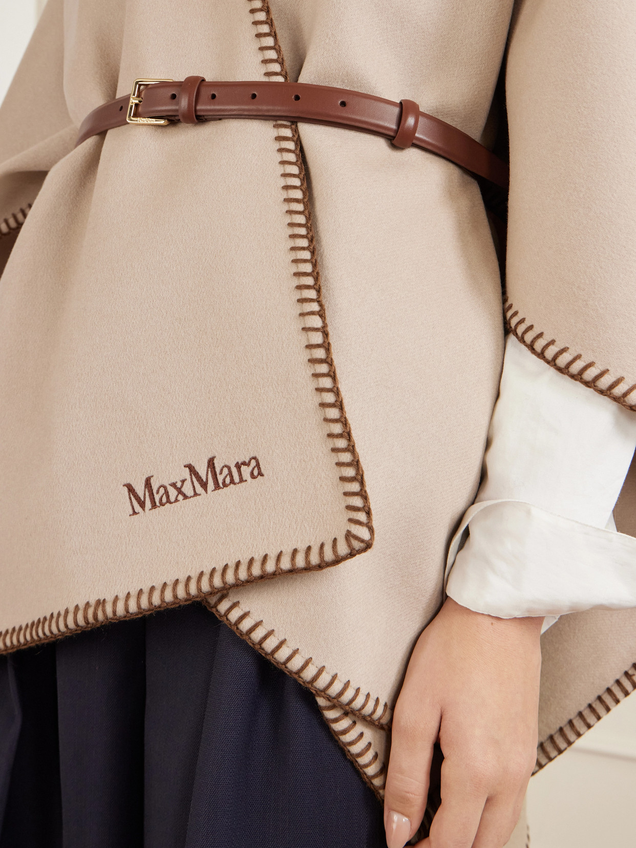 Max Mara Belted Whipstitched Embroidered Wool Cape In Neutral