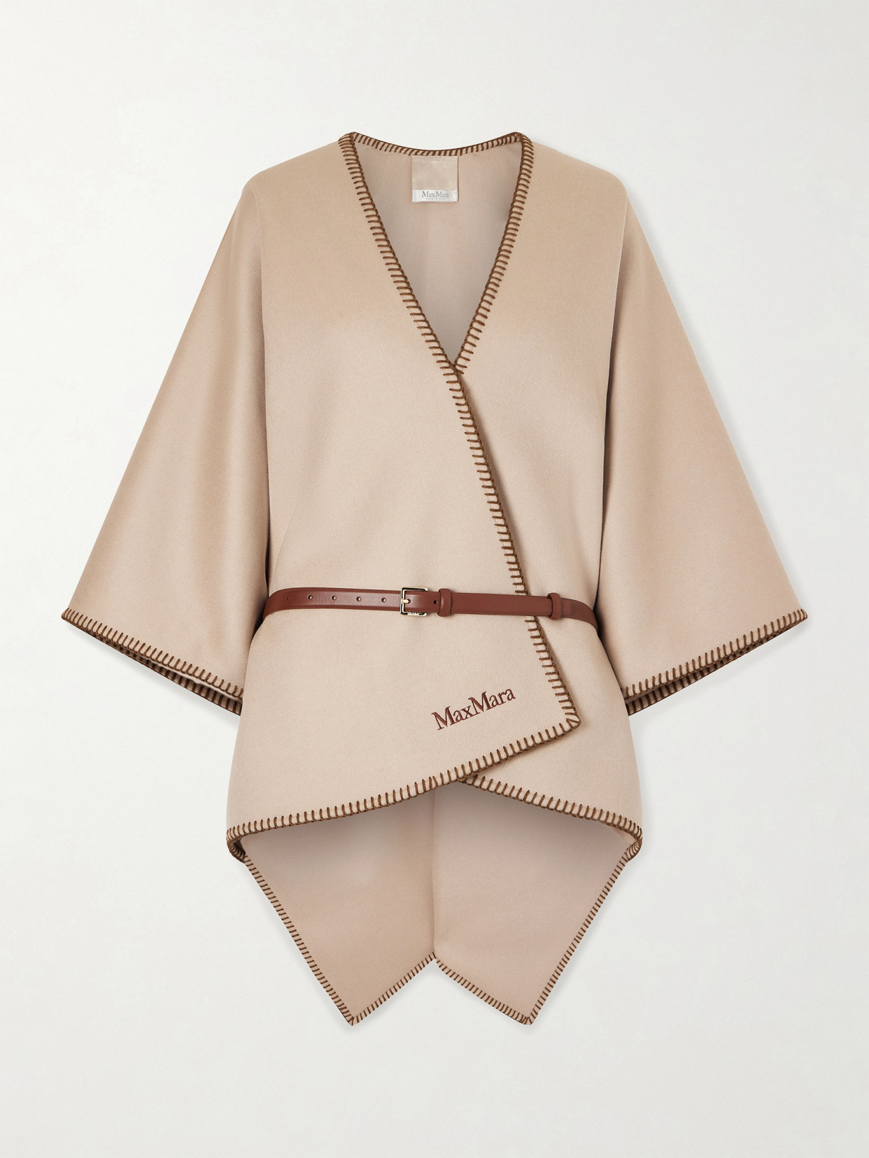 Max Mara Belted Whipstitched Embroidered Wool Cape In Neutral