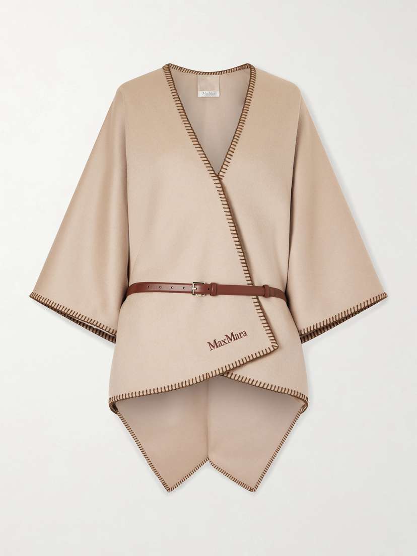 Max Mara Belted Whipstitched Embroidered Wool Cape