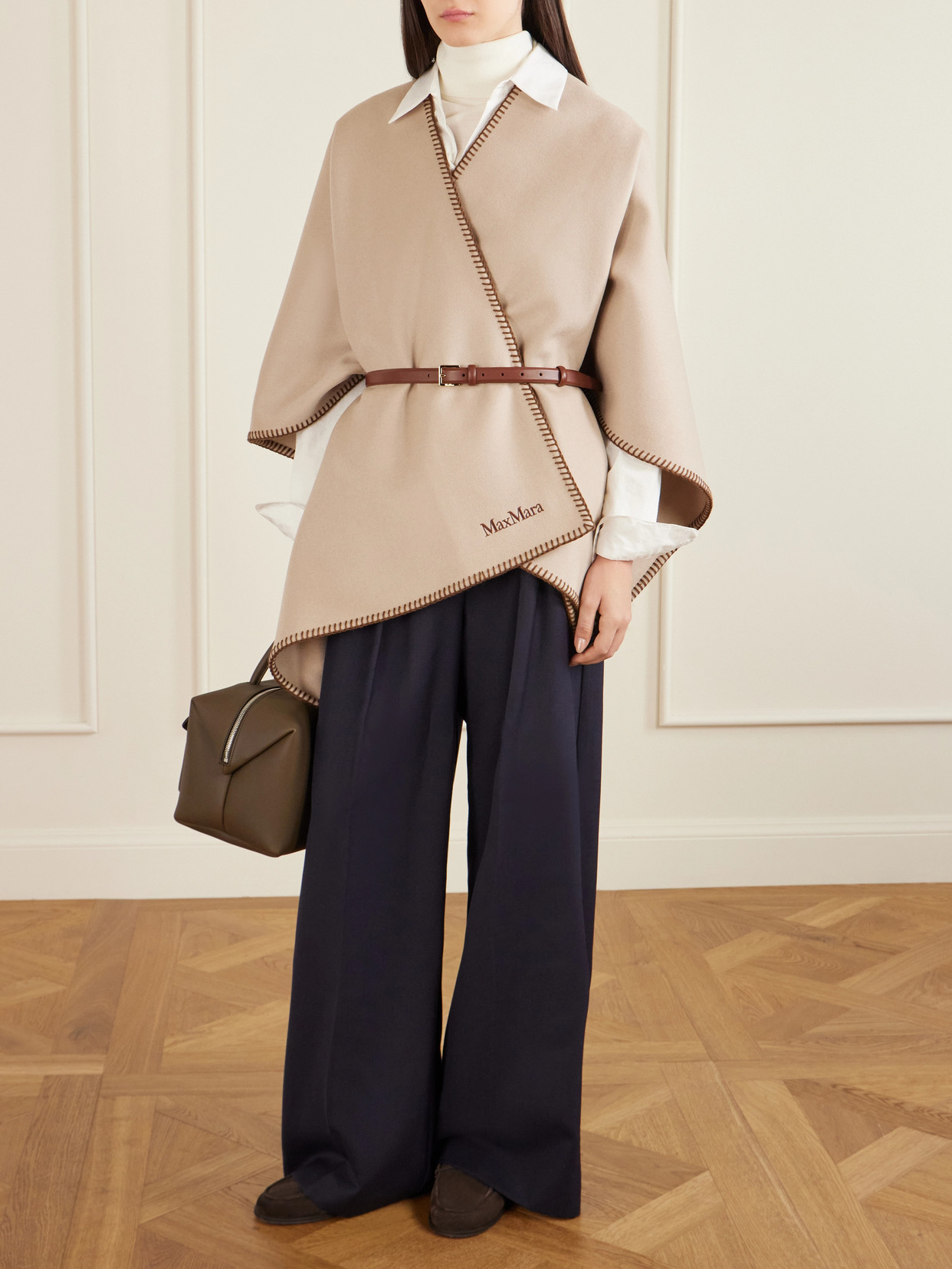 Max Mara Belted Whipstitched Embroidered Wool Cape In Neutral