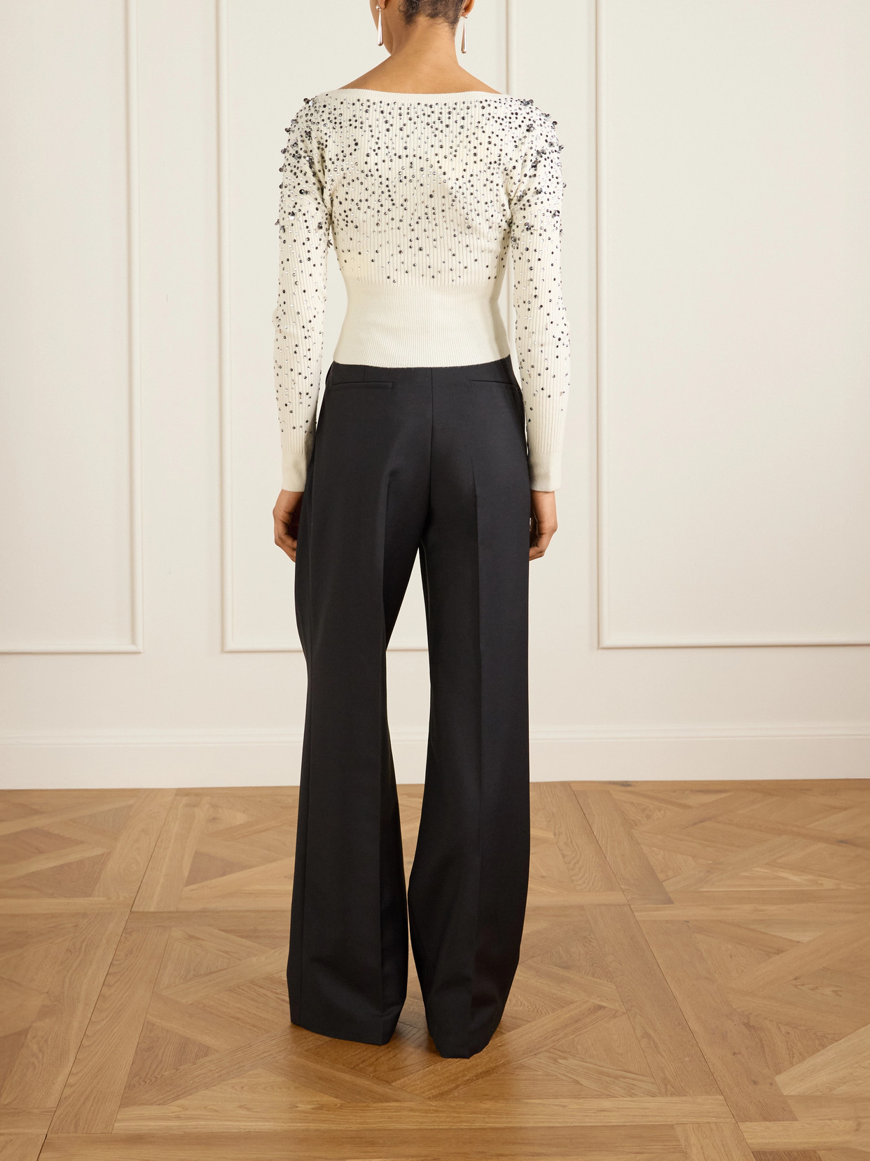 Cropped Embellished Ribbed Wool-Blend Sweater