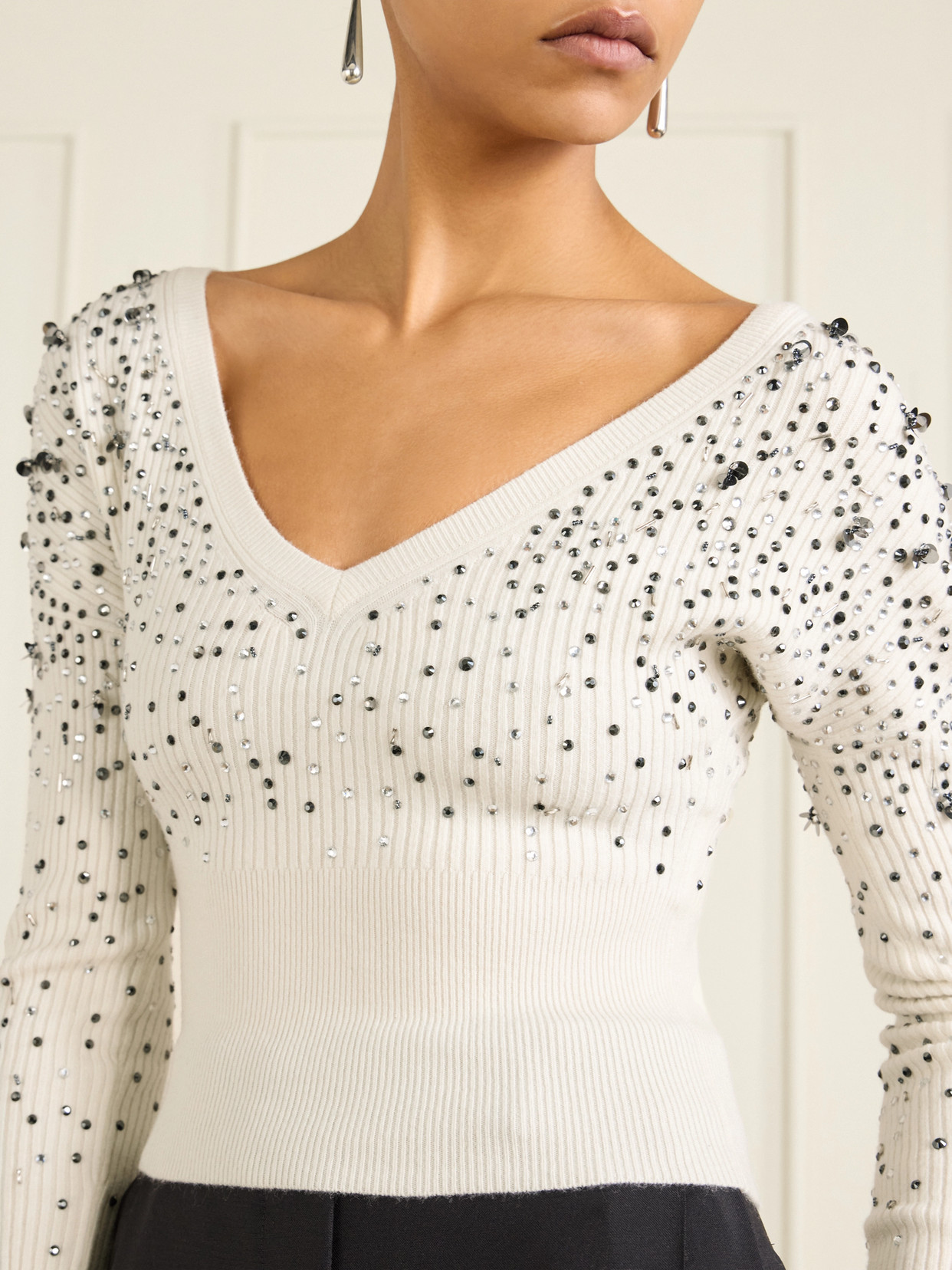 Cropped Embellished Ribbed Wool-Blend Sweater