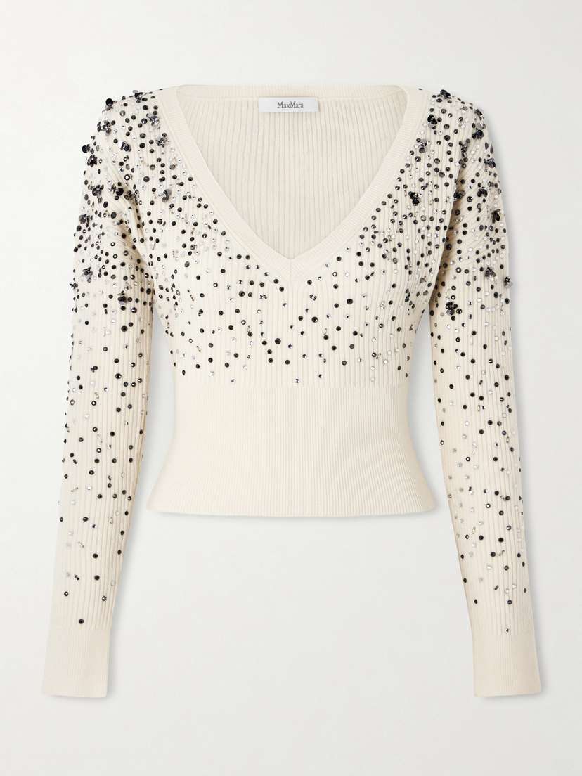 Max Mara Cropped Embellished Ribbed Wool-blend Sweater