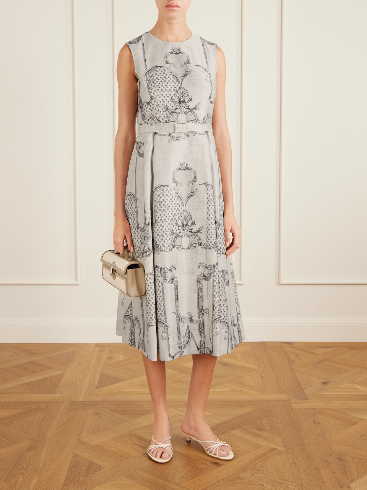 Max Mara Belted Printed Twill Midi Shirt Dress In White