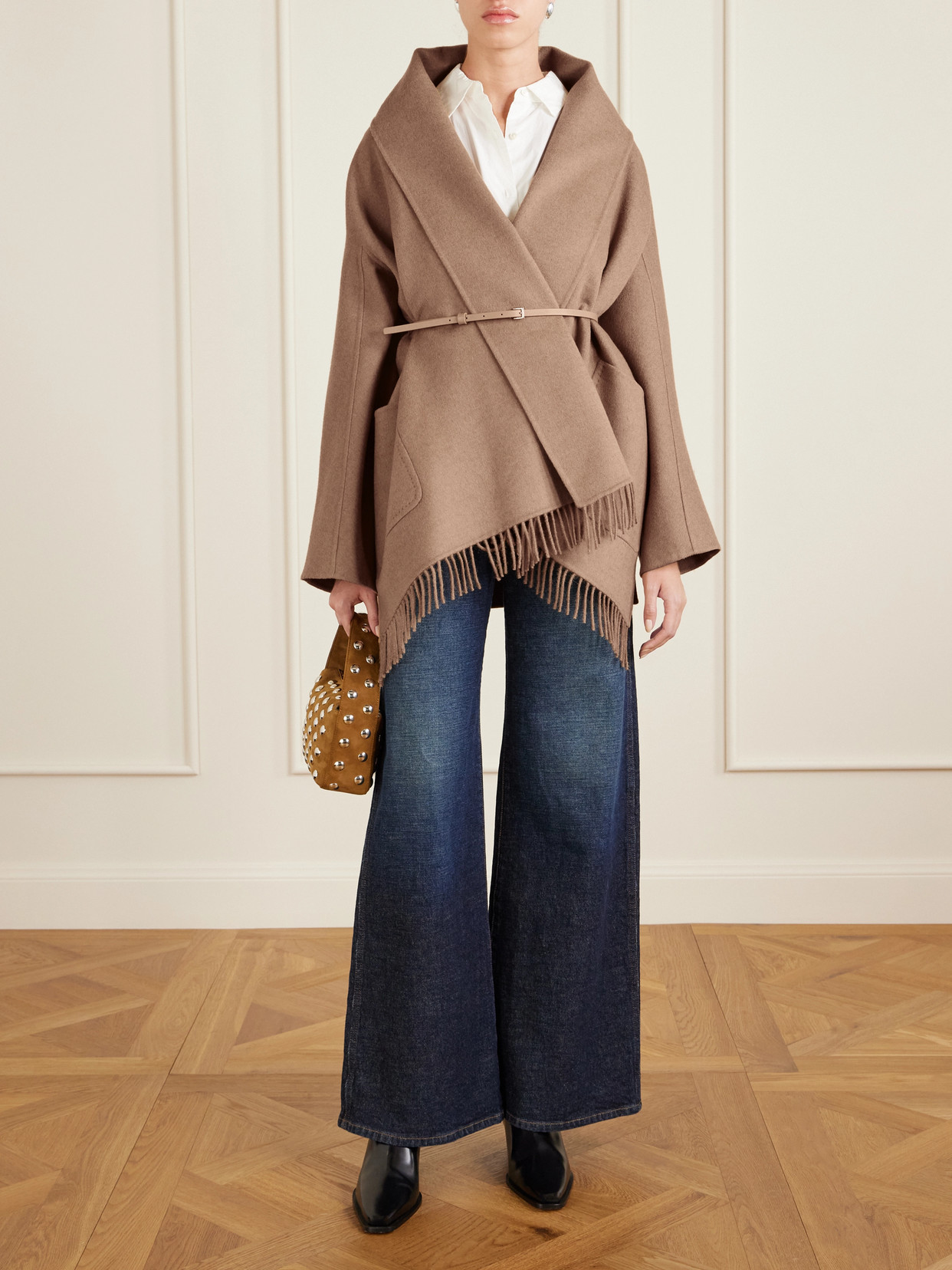 Max Mara Abilita Fringed Camel Hair Belted Cape Jacket In Brown