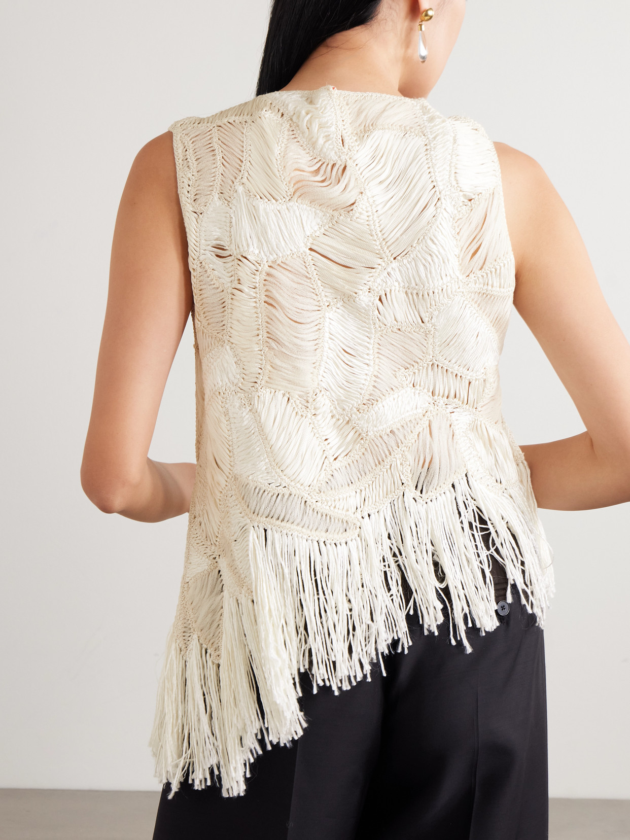 Heirlome Maureen Asymmetric Fringed Macramé Silk Tank In Neutral