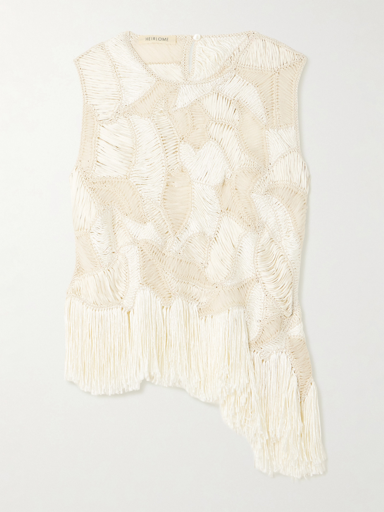 Heirlome Maureen Asymmetric Fringed Macramé Silk Tank In Neutral