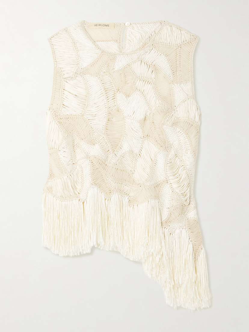 Heirlome Maureen Asymmetric Fringed Macramé Silk Tank