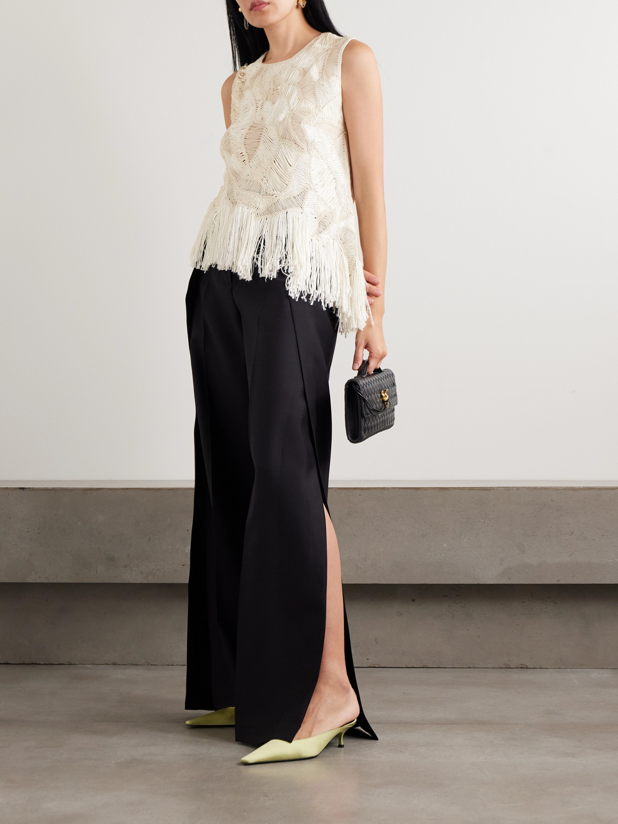 Heirlome Maureen Asymmetric Fringed Macramé Silk Tank In Neutral