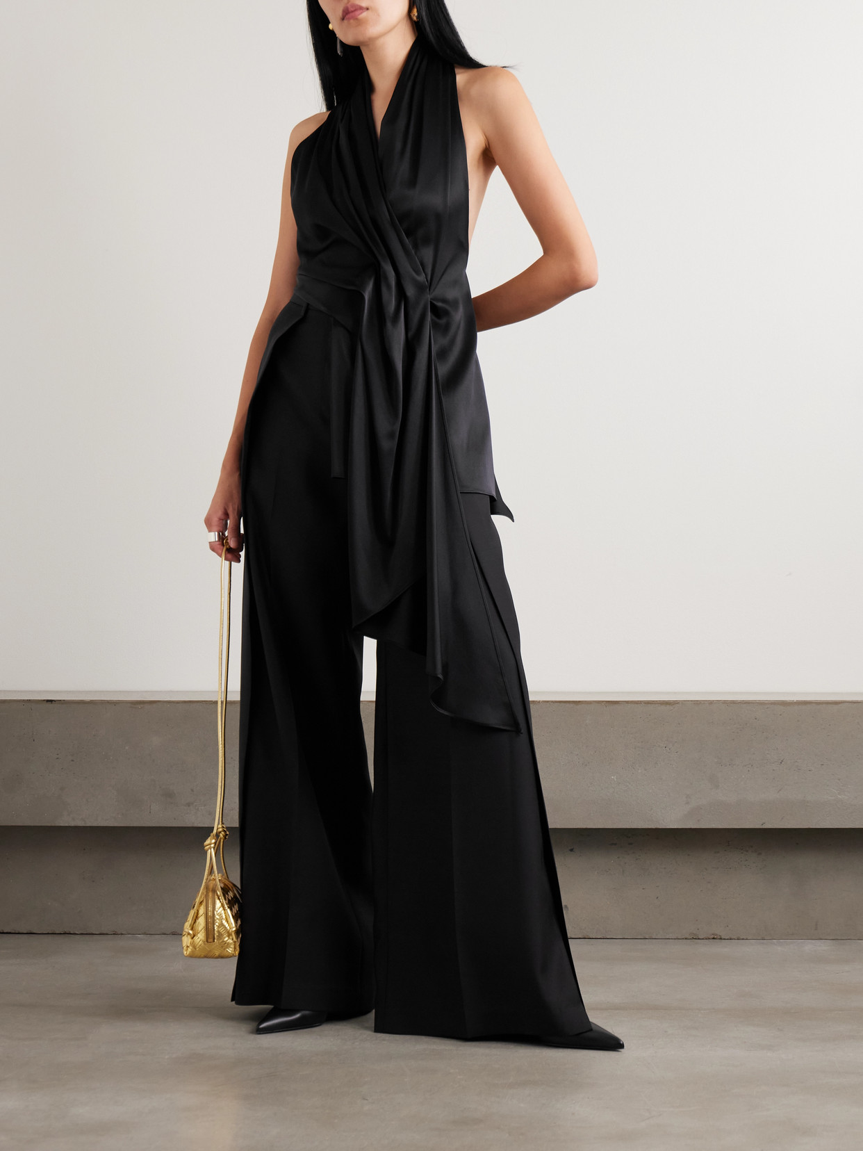 Heirlome Barbara Gathered Draped Silk-satin Halterneck Blouse In Black