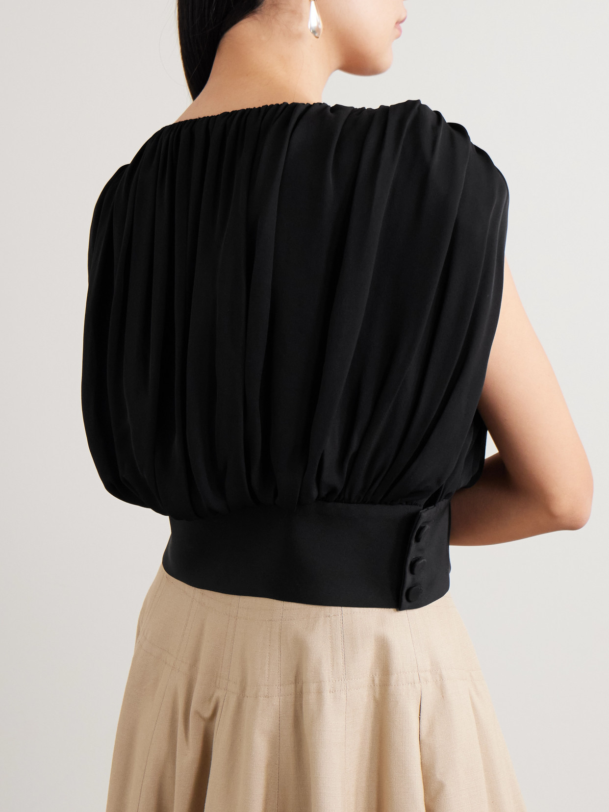 Heirlome Cummerbund Cropped Gathered Silk-georgette Blouse In Black