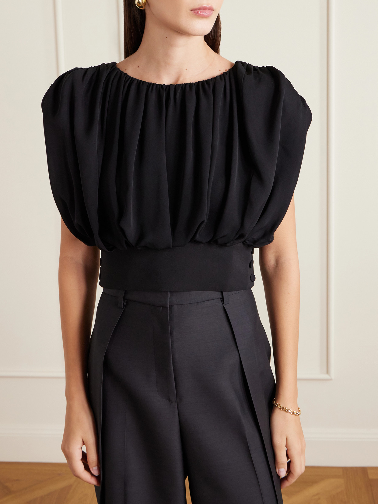 Cummerbund Cropped Gathered Silk-Georgette Blouse