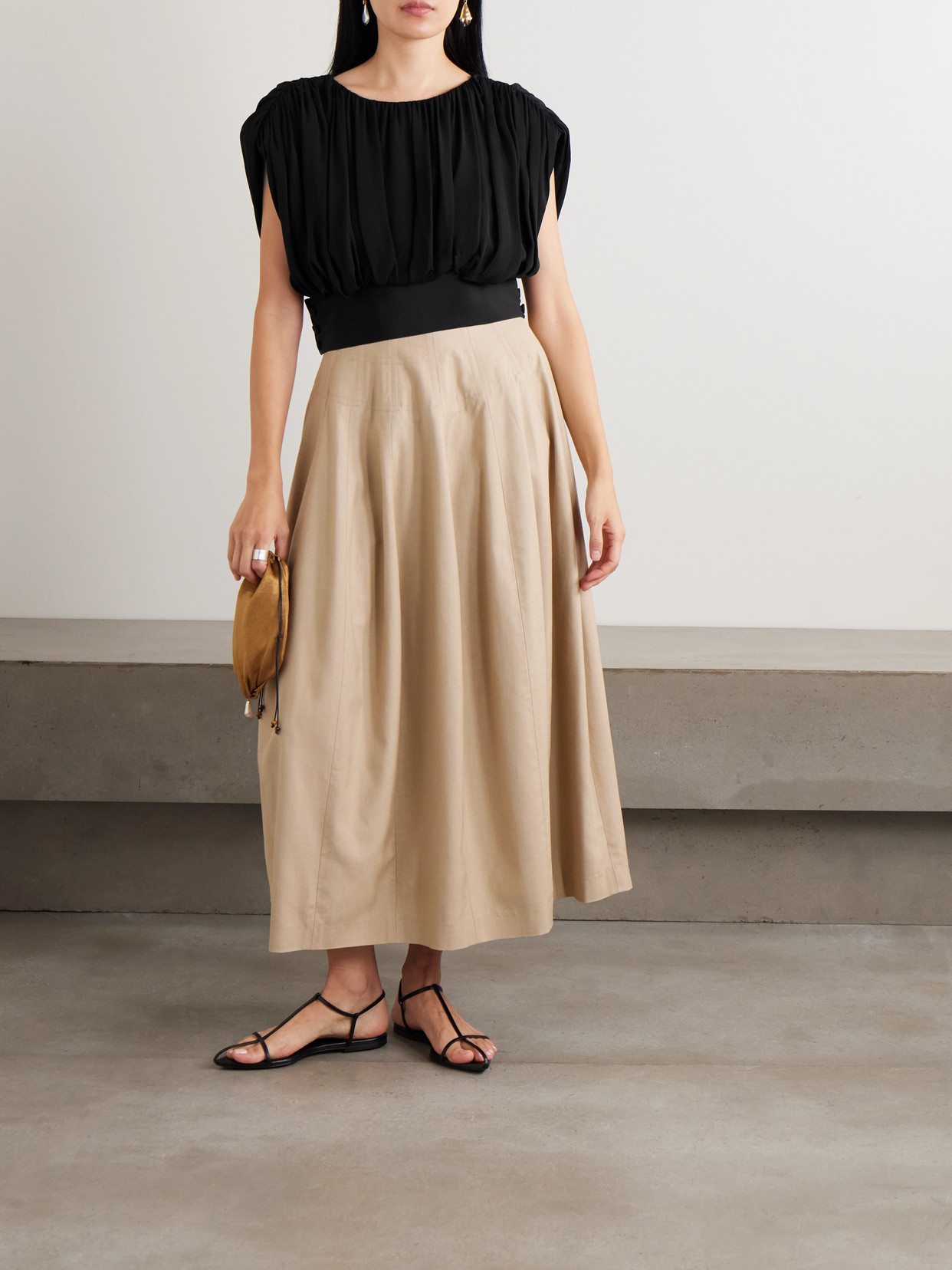 Heirlome Cummerbund Cropped Gathered Silk-georgette Blouse In Black