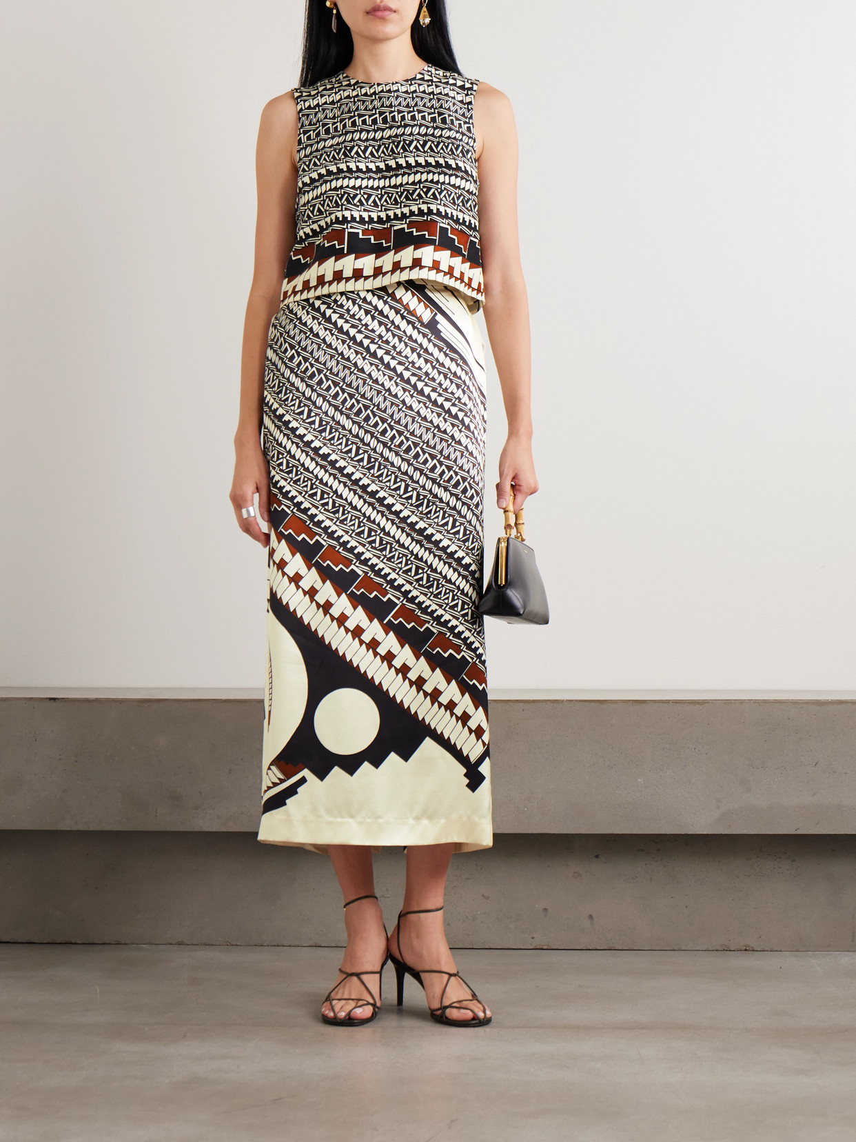 Heirlome + Alex Jurado Printed Silk-satin Tank In Black