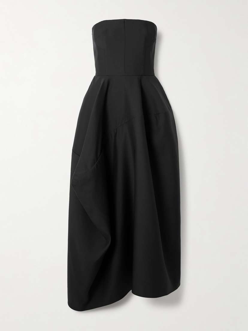 Heirlome Karla Strapless Asymmetric Gathered Draped Wool And Silk-blend Faille Maxi Dress