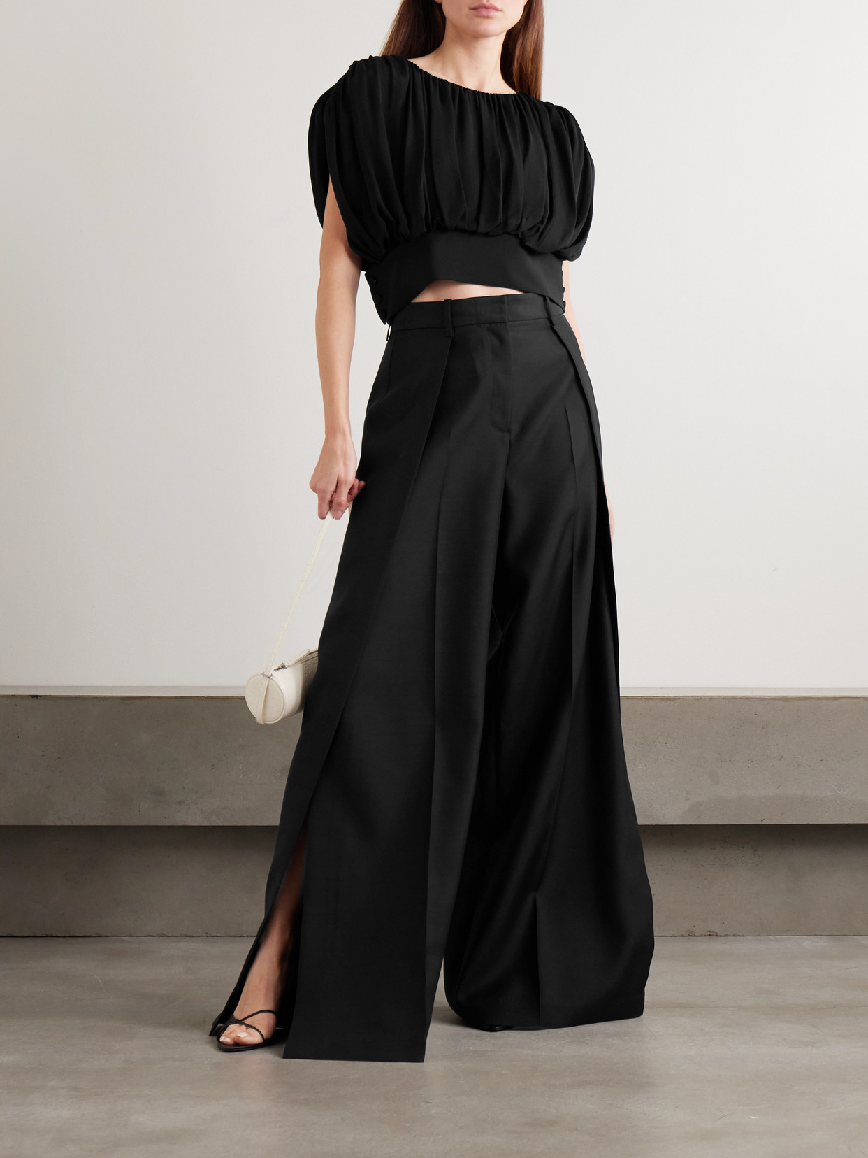 Heirlome Tova Pleated Wool And Silk-blend Faille Wide-leg Pants In Black