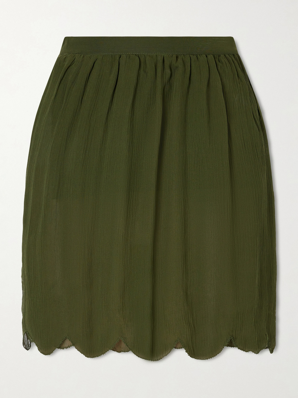 Bode Mab Scalloped Gathered Silk-crepon Mini Skirt In Green