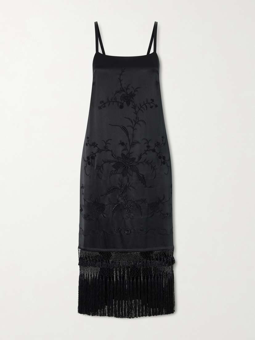 BODE Fringed Embroidered Silk-satin Midi Dress