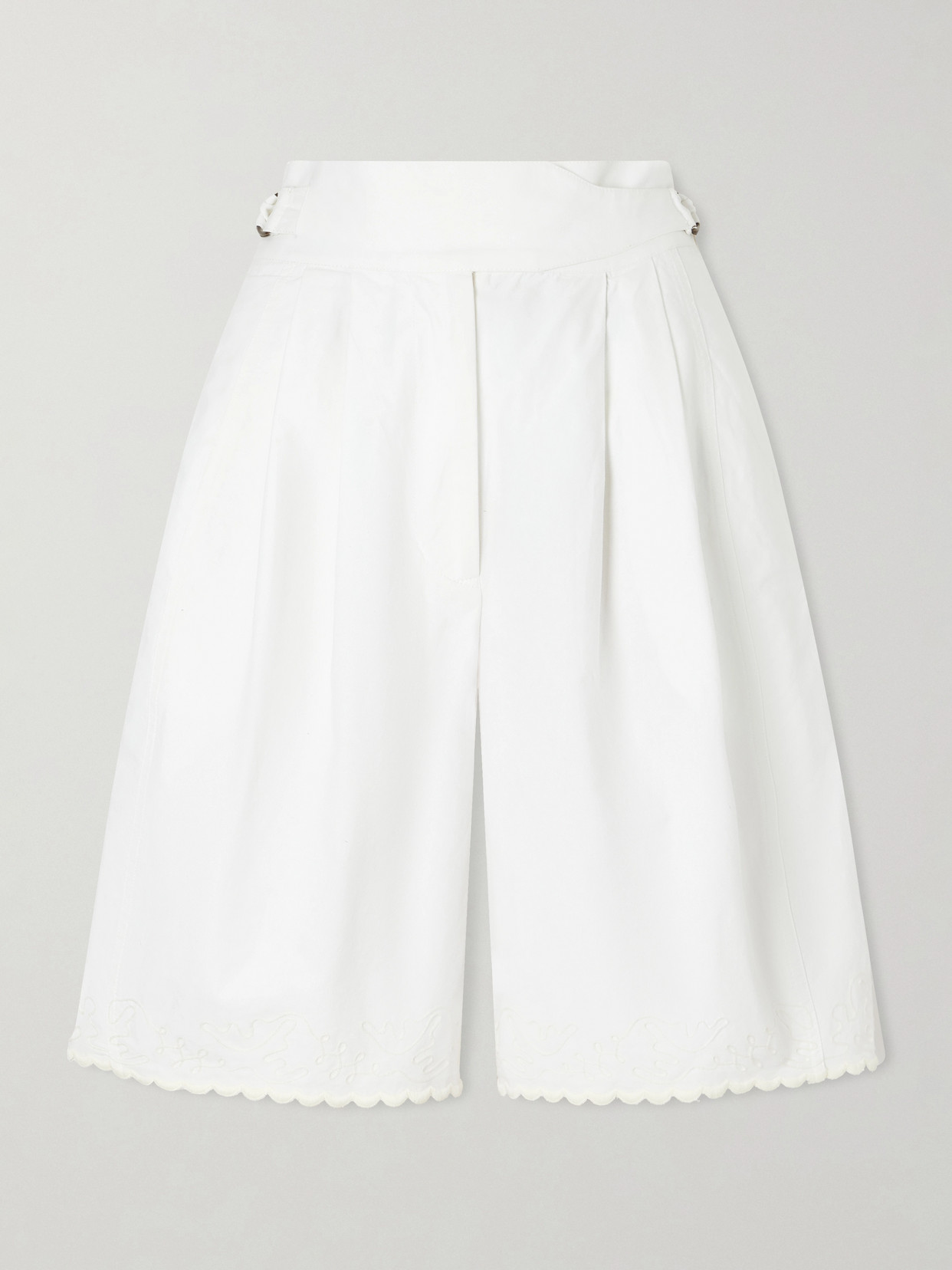 Bode Closerie Belted Scalloped Embroidered Cotton-poplin Shorts In White