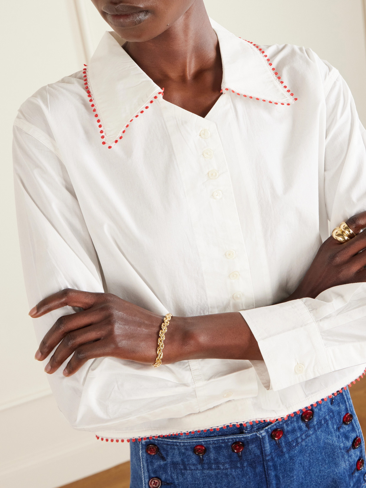 Redbud Cropped Embroidered Cotton-Poplin Shirt