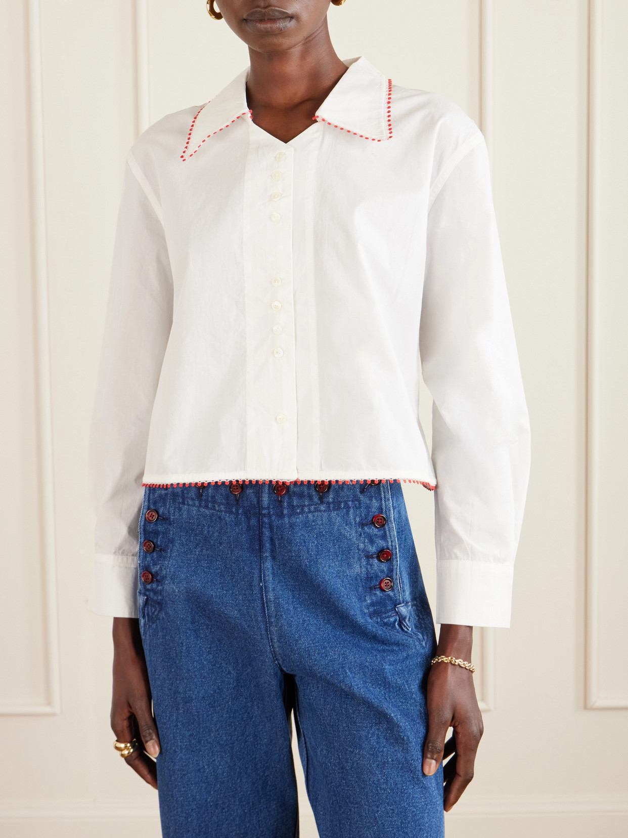 Redbud Cropped Embroidered Cotton-Poplin Shirt