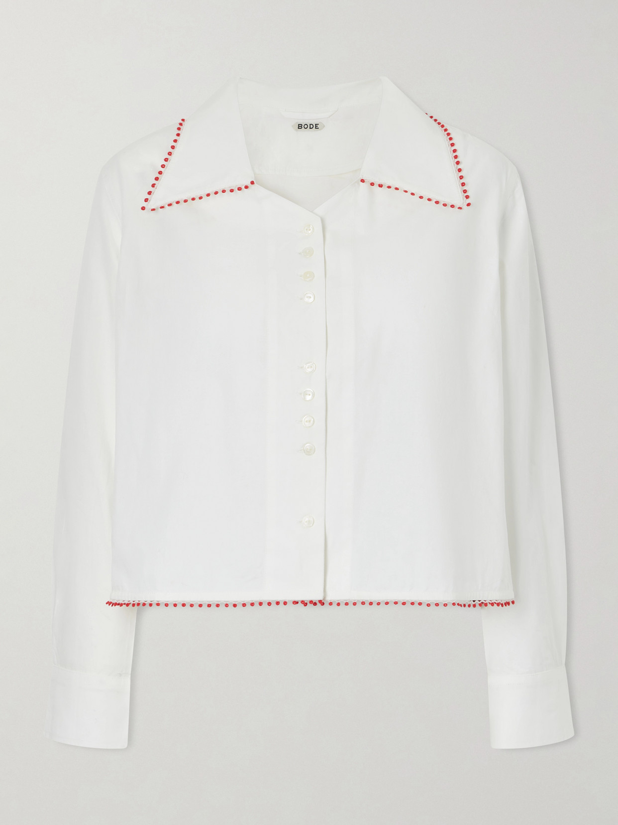 Bode Redbud Cropped Embroidered Cotton-poplin Shirt In White