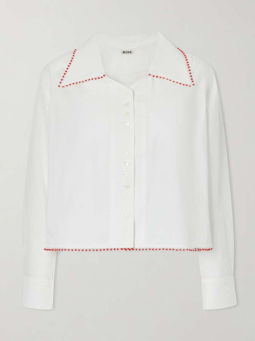 BODE Redbud Cropped Embroidered Cotton-poplin Shirt