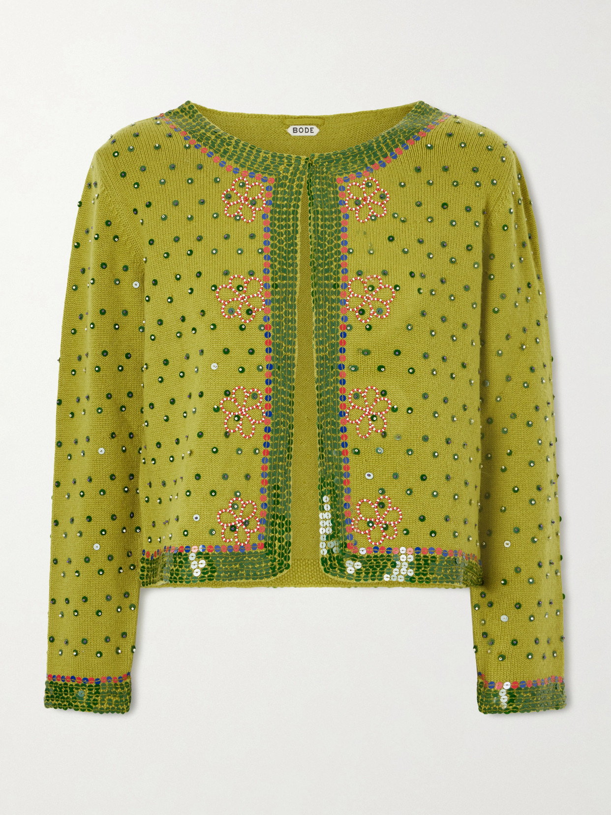 Bode Fairy Floss Cropped Embellished Wool And Cashmere-blend Cardigan In Green