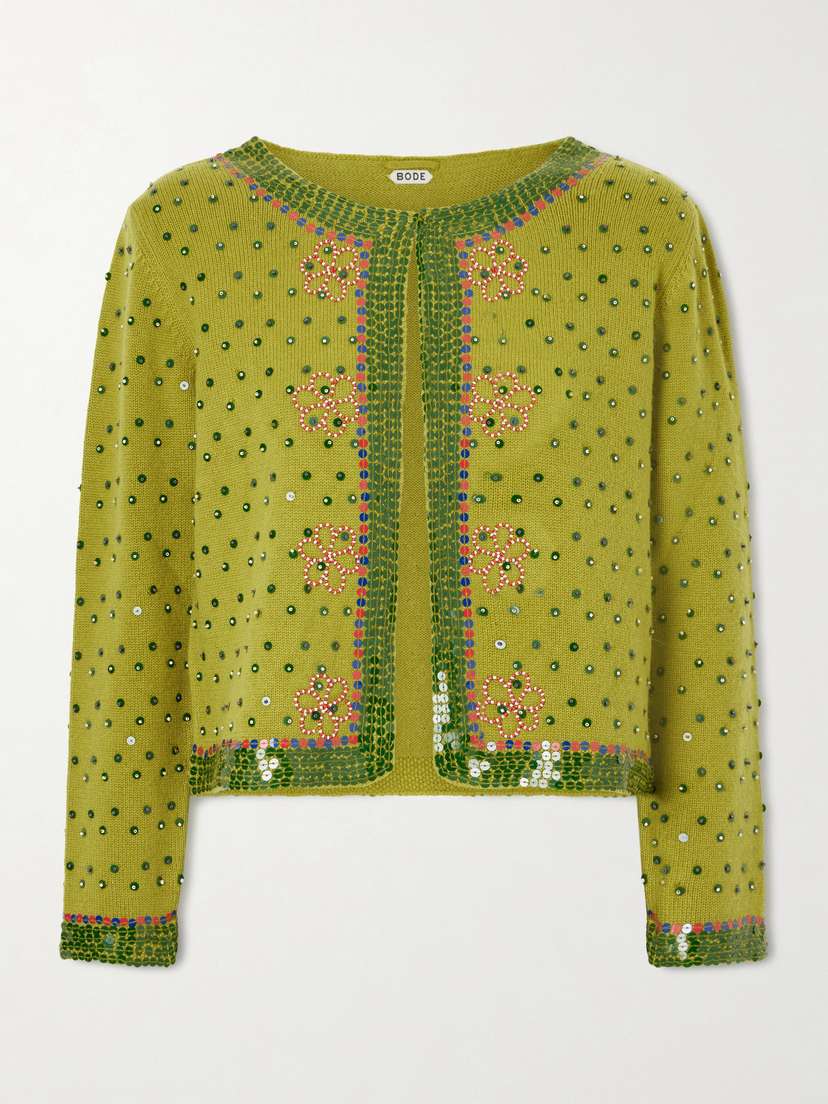 BODE Fairy Floss Cropped Embellished Wool And Cashmere-blend Cardigan