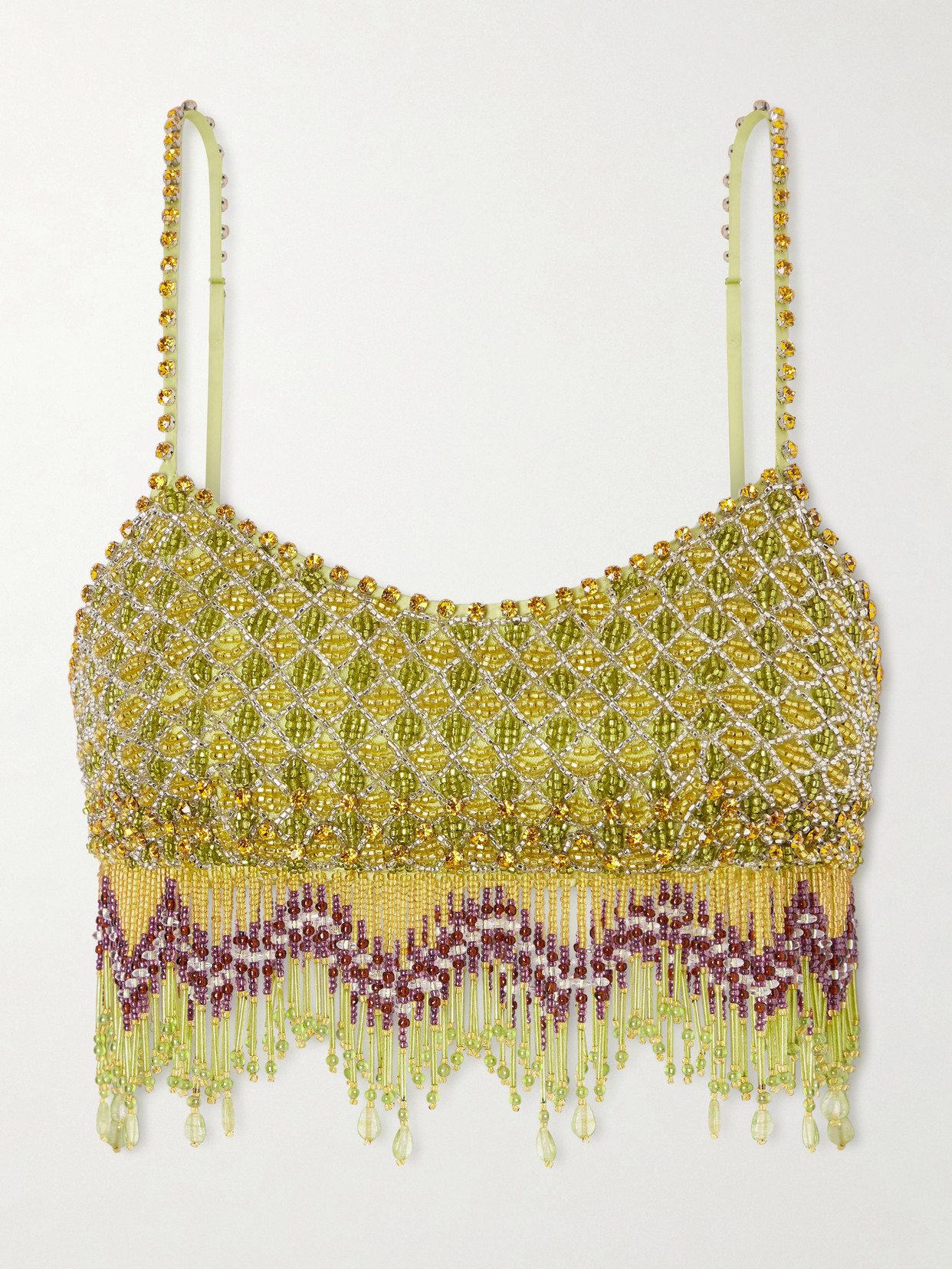 Bode Bottleglass Cropped Fringed Beaded Satin Top In Green
