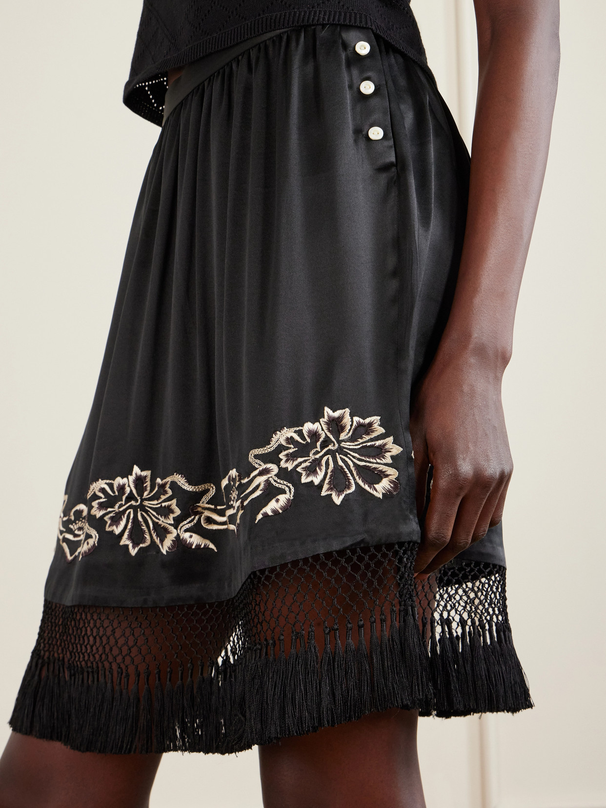 Phantasm Fringed Embroidered Silk-Satin Mini