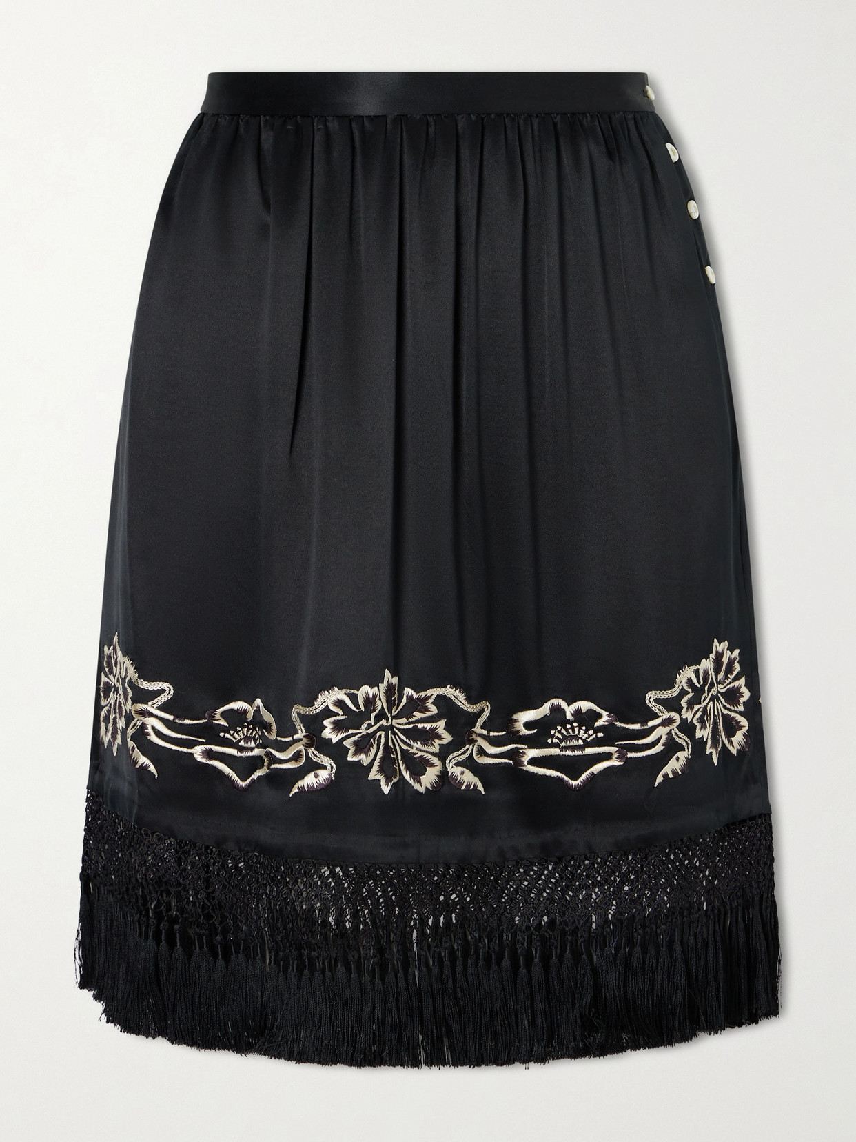 Bode Phantasm Fringed Embroidered Silk-satin Mini Skirt In Black