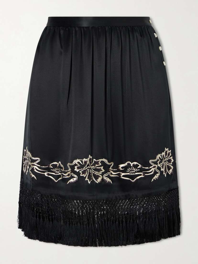 BODE Phantasm Fringed Embroidered Silk-satin Mini Skirt