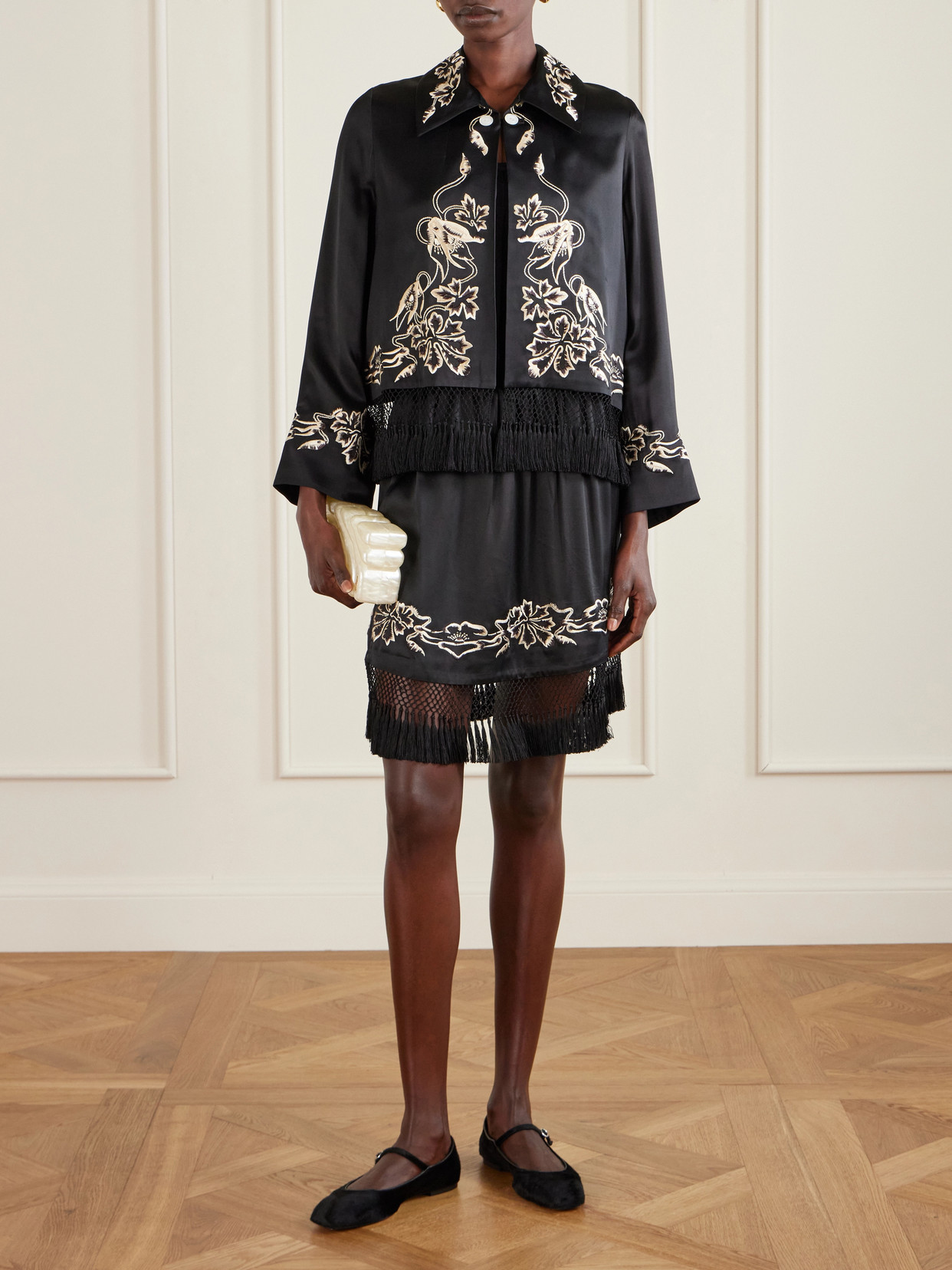 Phantasm Fringed Embroidered Silk-Satin Mini