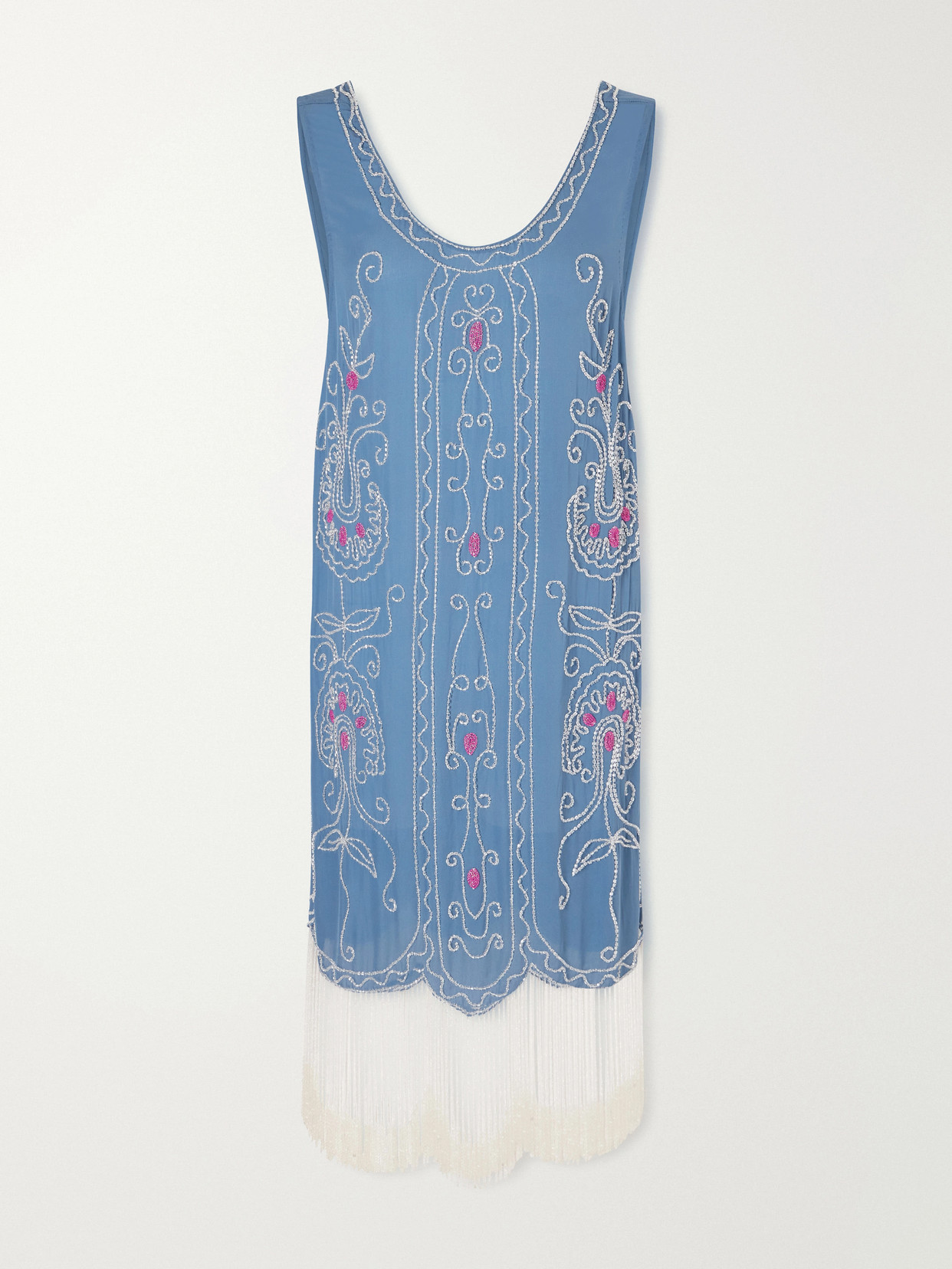 Bode Sea Flower Beaded Silk Dress In Blue